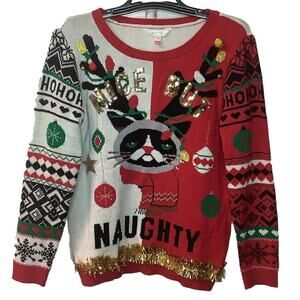 Ugly Christmas Sweater Cat Lady Nice But Naughty Womens XL 15-17